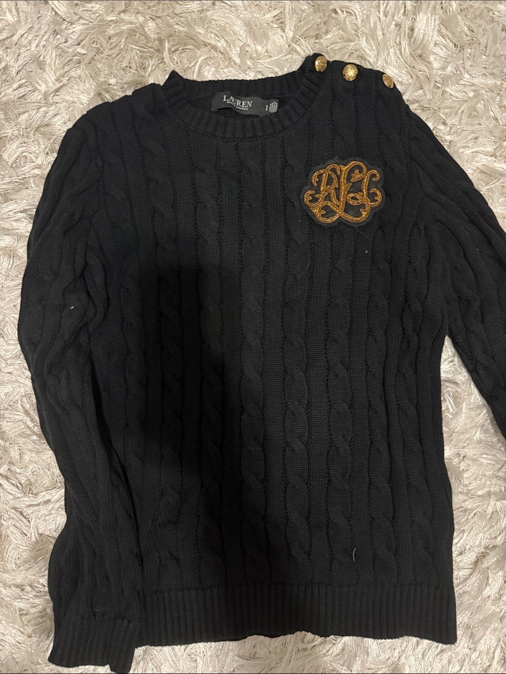 Lauren Ralph Lauren Black Cable-Knit Crewneck Sweater with Gold Crest